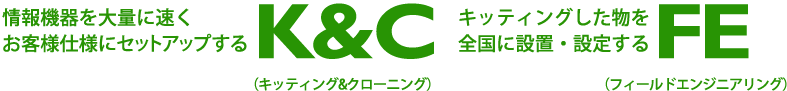 情報機器を大量に速くお客様仕様にセットアップするK＆C（キッティング＆クローニング）　＆　キッティングしたものを全国に設置・設定するFE（フィールドエンジニアリング）